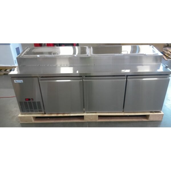Scratch and Dent Avantco SSPPT-3 94" 3 Door Refrigerated Pizza Prep Table