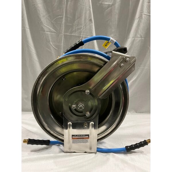 Scratch and Dent Regency Open Stainless Steel Hose Reel with 50' x 3/8" Hose