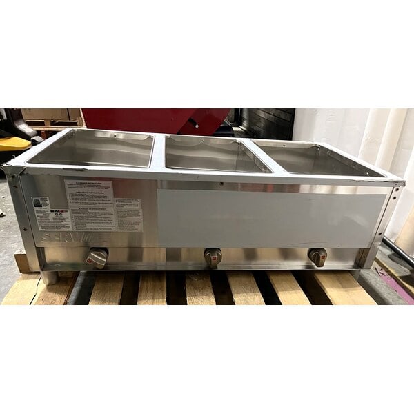 Scratch and Dent ServIt GST-3WE-LP Three Pan Open Well Liquid Propane Steam Table with Undershelf - 10,500 BTU