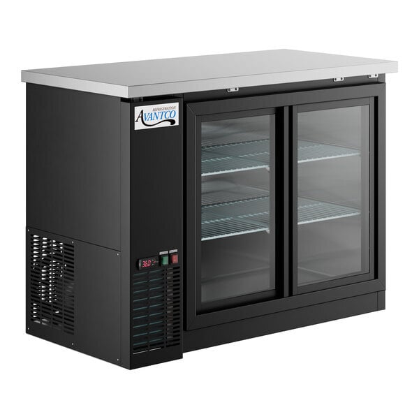 Scratch and Dent Avantco UBB-48S-HC 48" Black Counter Height Narrow Sliding Glass Door Back Bar Refrigerator with LED Lighting