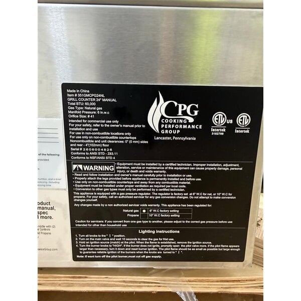 Scratch and Dent Cooking Performance Group CR-CPG-24-NL 24" Gas Countertop Radiant Charbroiler - 80,000 BTU