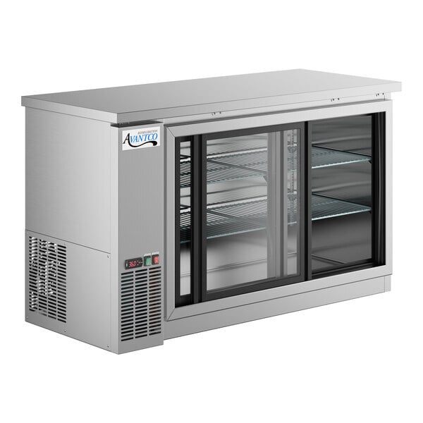 Scratch and Dent Avantco UBB-60S-HC 60" Stainless Steel Counter Height Narrow Sliding Glass Door Back Bar Refrigerator with LED Lighting