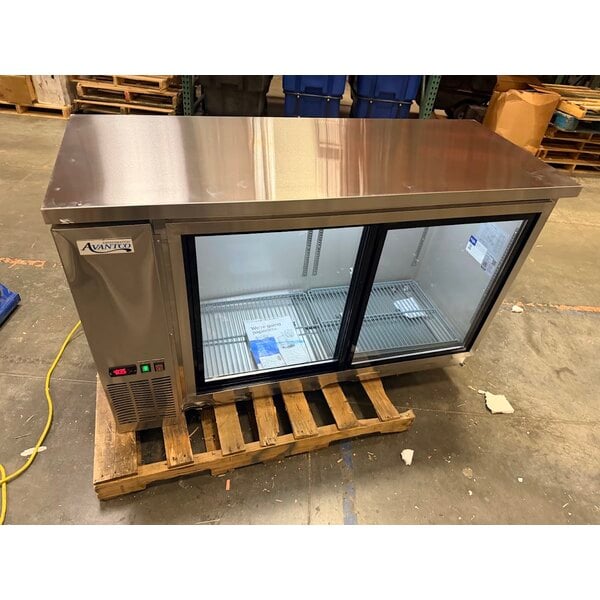 Scratch and Dent Avantco UBB-60S-HC 60" Stainless Steel Counter Height Narrow Sliding Glass Door Back Bar Refrigerator with LED Lighting