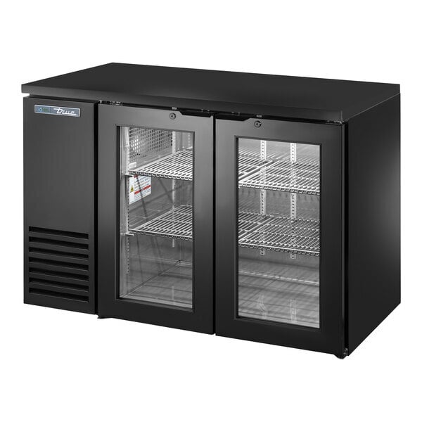 Scratch and Dent True TBB24-48-2G-Z1-BST-B-1 48 1/8" Black Underbar Glass Door Narrow Back Bar Refrigerator with Black Underbar Sub Top and LED Lighting