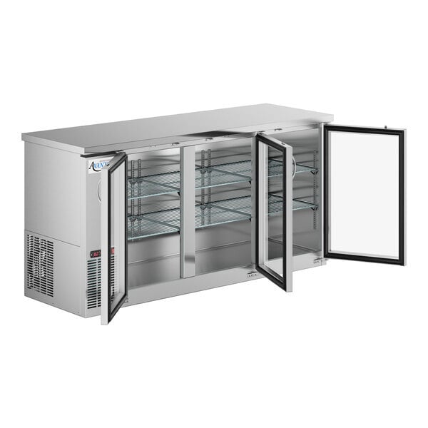 Scratch and Dent Avantco UBB-72G-HC-S 73" Stainless Steel Counter Height Narrow Glass Door Back Bar Refrigerator with LED Lighting