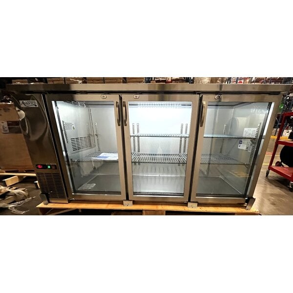 Scratch and Dent Avantco UBB-72G-HC-S 73" Stainless Steel Counter Height Narrow Glass Door Back Bar Refrigerator with LED Lighting