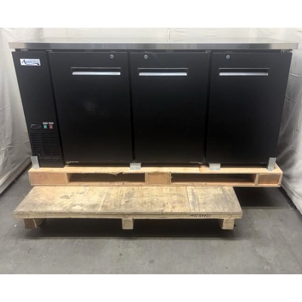Scratch and Dent Avantco UBB-72-HC 73" Black Counter Height Narrow Solid Door Back Bar Refrigerator with LED Lighting