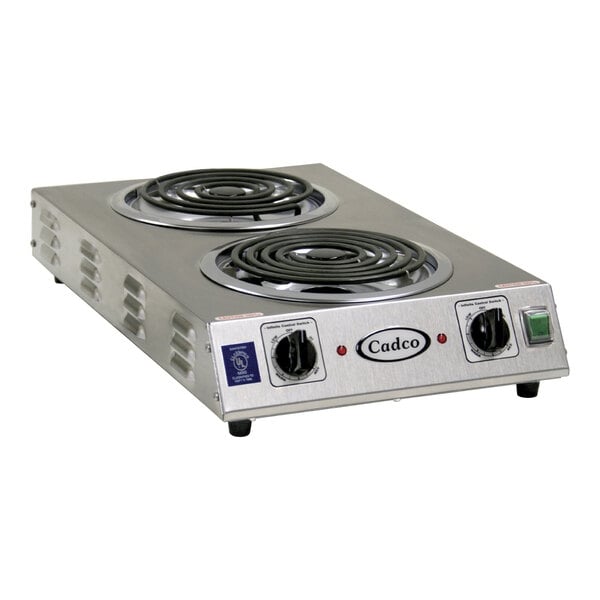 Scratch and Dent Cadco CDR-2TFB Double Burner Stainless Steel Portable Electric Front-to-Back Hot Plate with 8" Tubular Elements - 3,000W, 220V