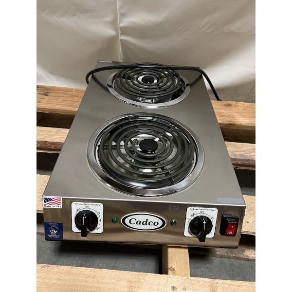 Scratch and Dent Cadco CDR-2TFB Double Burner Stainless Steel Portable Electric Front-to-Back Hot Plate with 8" Tubular Elements - 3,000W, 220V