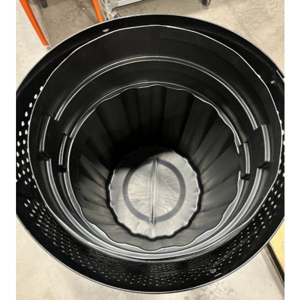 Scratch and Dent Lancaster Table & Seating 55 Gallon Heavy-Duty Round Black Steel Perforated Outdoor Trash Can with Rain Bonnet Lid