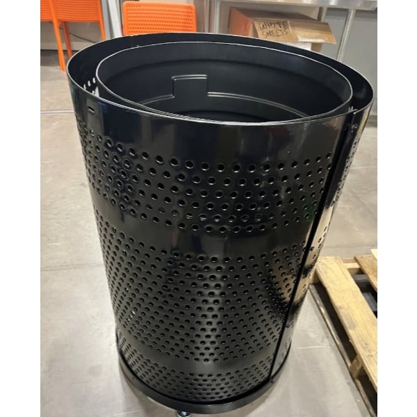 Scratch and Dent Lancaster Table & Seating 55 Gallon Heavy-Duty Round Black Steel Perforated Outdoor Trash Can with Rain Bonnet Lid