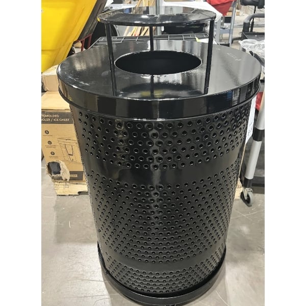 Scratch and Dent Lancaster Table & Seating 55 Gallon Heavy-Duty Round Black Steel Perforated Outdoor Trash Can with Rain Bonnet Lid