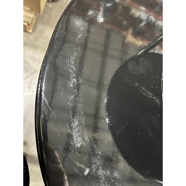Scratch and Dent Lancaster Table & Seating 55 Gallon Heavy-Duty Round Black Steel Perforated Outdoor Trash Can with Rain Bonnet Lid