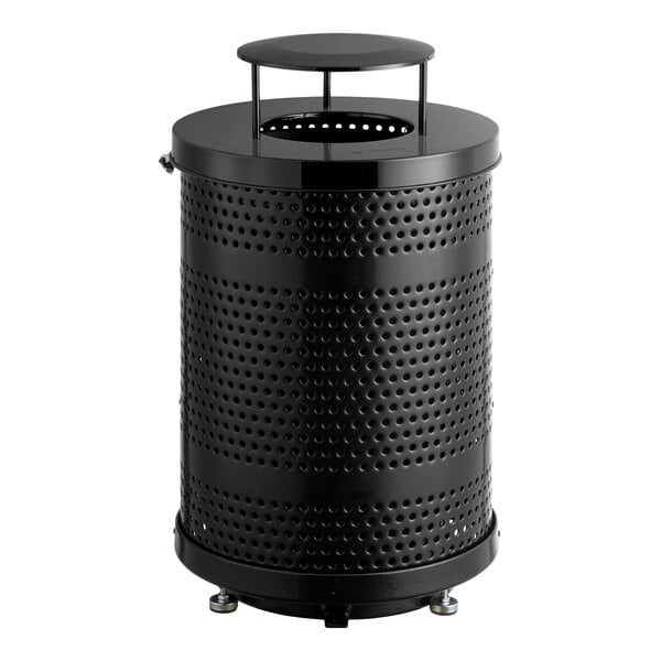 Scratch and Dent Lancaster Table & Seating 32 Gallon Heavy-Duty Round Black Steel Perforated Outdoor Trash Can with Rain Bonnet Lid