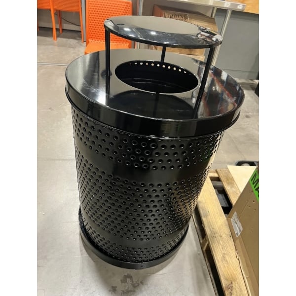 Scratch and Dent Lancaster Table & Seating 32 Gallon Heavy-Duty Round Black Steel Perforated Outdoor Trash Can with Rain Bonnet Lid