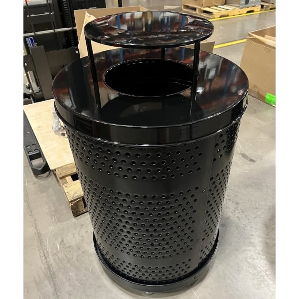 Scratch and Dent Lancaster Table & Seating 32 Gallon Heavy-Duty Round Black Steel Perforated Outdoor Trash Can with Rain Bonnet Lid