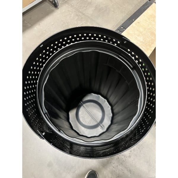Scratch and Dent Lancaster Table & Seating 32 Gallon Heavy-Duty Round Black Steel Perforated Outdoor Trash Can with Rain Bonnet Lid