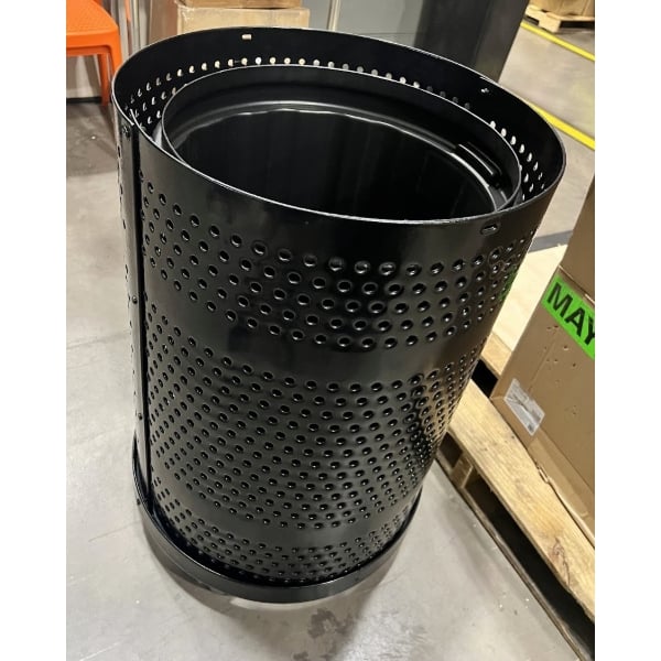 Scratch and Dent Lancaster Table & Seating 32 Gallon Heavy-Duty Round Black Steel Perforated Outdoor Trash Can with Rain Bonnet Lid