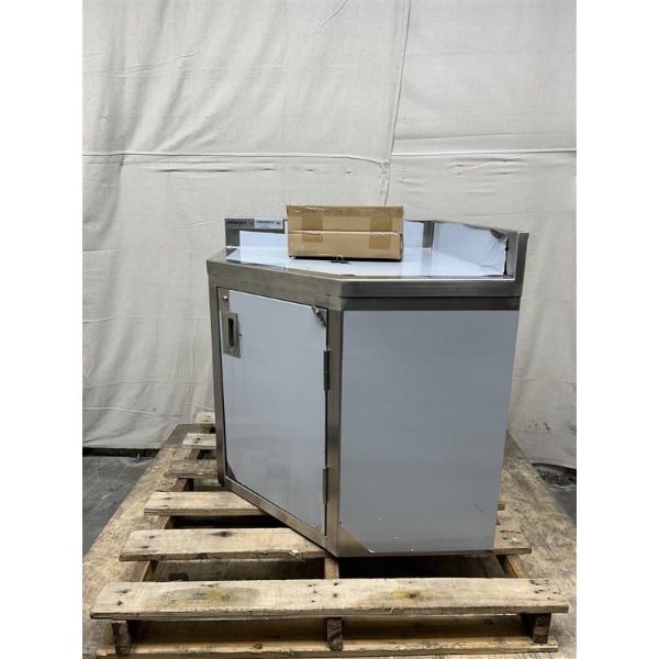 Scratch and Dent Regency Spec Line 30" x 30" 14-Gauge Stainless Steel Corner Work Table with Hinged Door and Lock