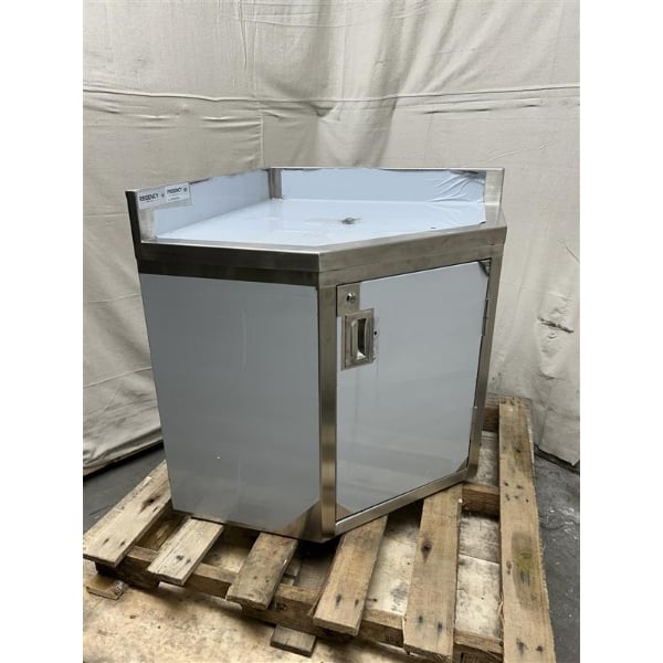 Scratch and Dent Regency Spec Line 30" x 30" 14-Gauge Stainless Steel Corner Work Table with Hinged Door and Lock