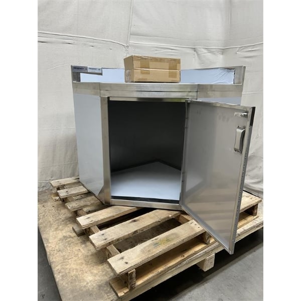Scratch and Dent Regency Spec Line 30" x 30" 14-Gauge Stainless Steel Corner Work Table with Hinged Door and Lock