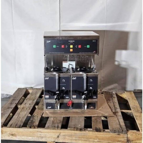 Scratch and Dent Curtis GEM-12D-10 Gemini Stainless Steel Twin Digital Satellite Coffee Brewer with Servers - 220V, 1 Phase