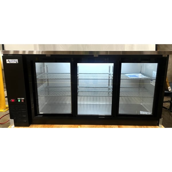 Scratch and Dent Avantco UBB-72S-HC 73" Black Counter Height Narrow Sliding Glass Door Back Bar Refrigerator with LED Lighting