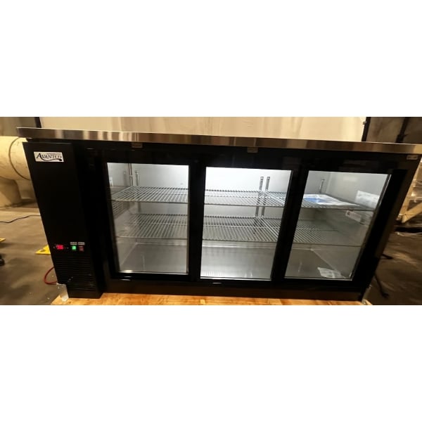 Scratch and Dent Avantco UBB-72S-HC 73" Black Counter Height Narrow Sliding Glass Door Back Bar Refrigerator with LED Lighting