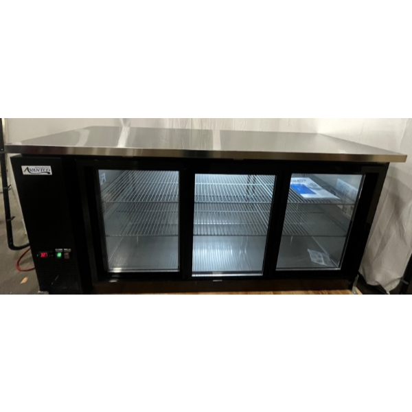 Scratch and Dent Avantco UBB-72S-HC 73" Black Counter Height Narrow Sliding Glass Door Back Bar Refrigerator with LED Lighting