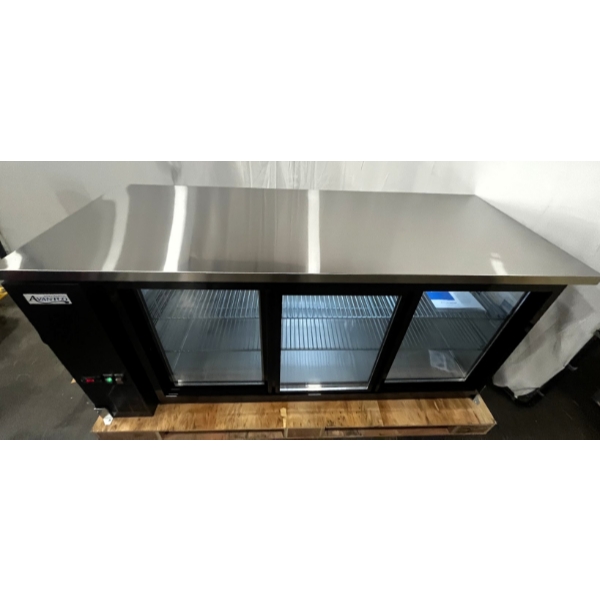 Scratch and Dent Avantco UBB-72S-HC 73" Black Counter Height Narrow Sliding Glass Door Back Bar Refrigerator with LED Lighting