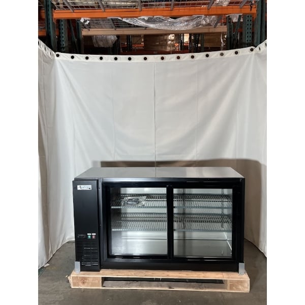 Scratch and Dent Avantco UBB-60S-GT 60" Black Underbar Height Narrow Sliding Glass Door Back Bar Refrigerator with Galvanized Top and LED Lighting