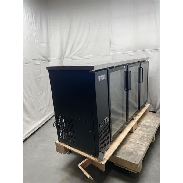 Scratch and Dent Avantco UBB-72G-HC 73" Black Counter Height Narrow Glass Door Back Bar Refrigerator with LED Lighting