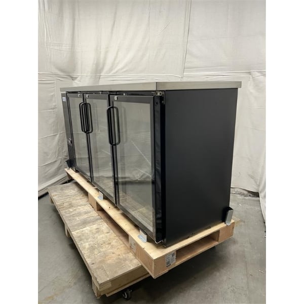 Scratch and Dent Avantco UBB-72G-HC 73" Black Counter Height Narrow Glass Door Back Bar Refrigerator with LED Lighting