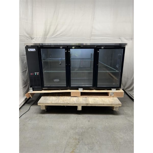 Scratch and Dent Avantco UBB-72G-HC 73" Black Counter Height Narrow Glass Door Back Bar Refrigerator with LED Lighting