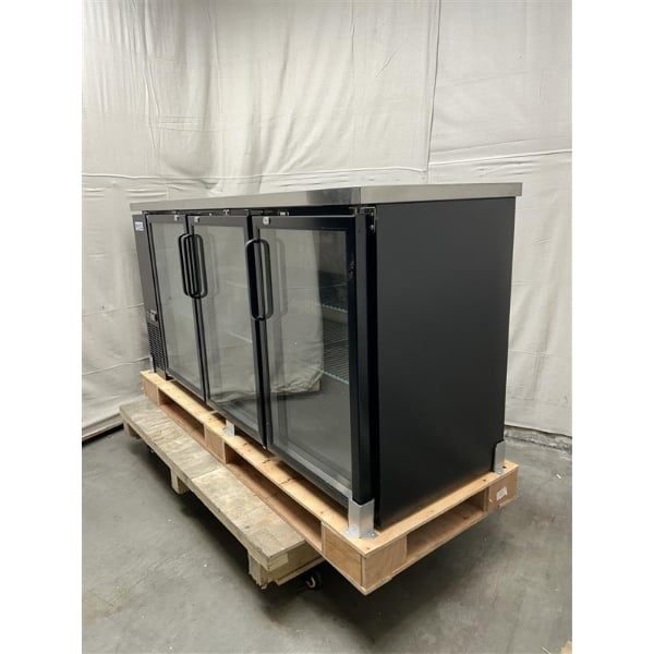 Scratch and Dent Avantco UBB-72G-HC 73" Black Counter Height Narrow Glass Door Back Bar Refrigerator with LED Lighting