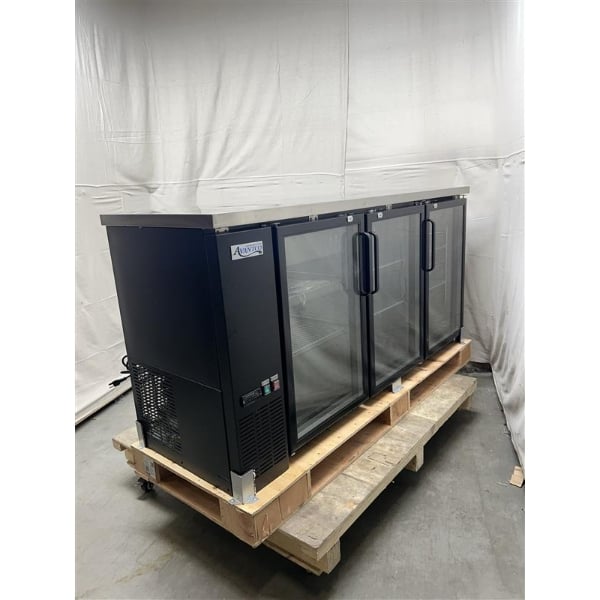 Scratch and Dent Avantco UBB-72G-HC 73" Black Counter Height Narrow Glass Door Back Bar Refrigerator with LED Lighting