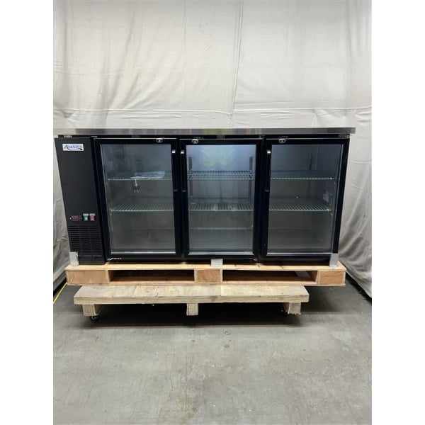 Scratch and Dent Avantco UBB-72G-HC 73" Black Counter Height Narrow Glass Door Back Bar Refrigerator with LED Lighting