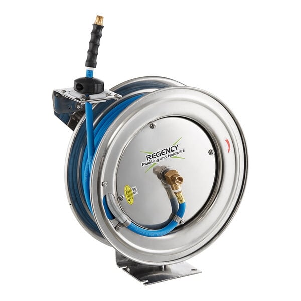 Scratch and Dent Regency Open Stainless Steel Hose Reel with 50' x 3/8" Hose
