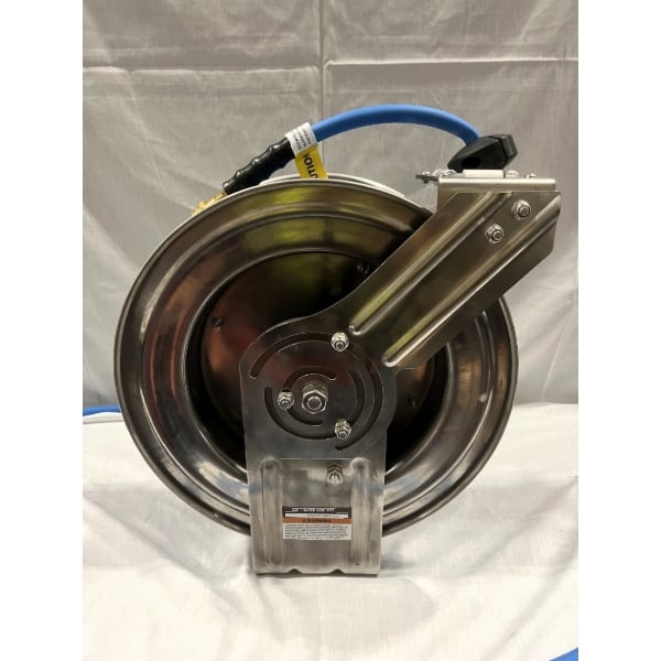 Scratch and Dent Regency Open Stainless Steel Hose Reel with 50' x 3/8" Hose