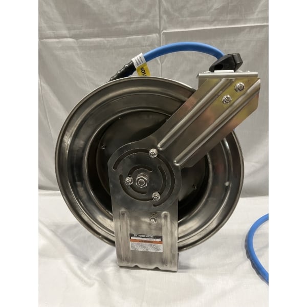 Scratch and Dent Regency Open Stainless Steel Hose Reel with 50' x 3/8" Hose
