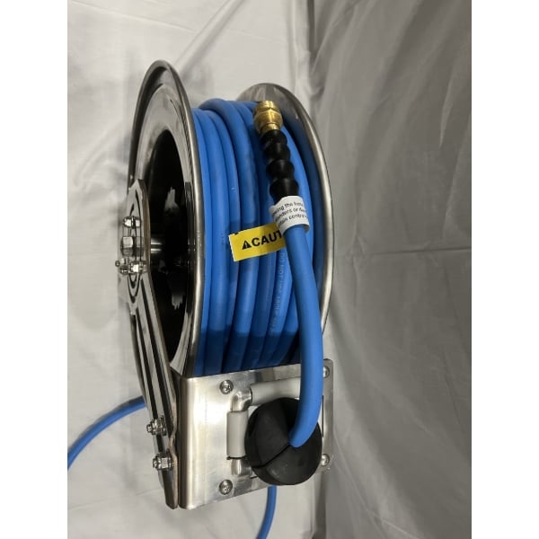 Scratch and Dent Regency Open Stainless Steel Hose Reel with 50' x 3/8" Hose