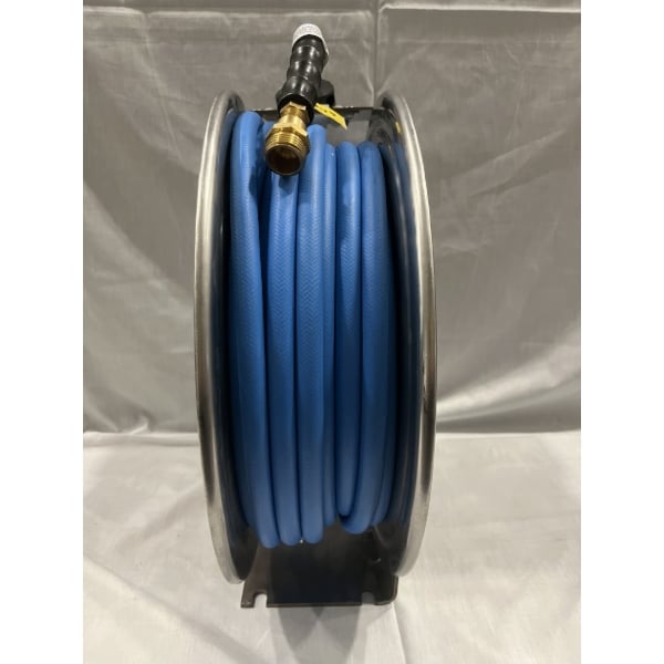 Scratch and Dent Regency Open Stainless Steel Hose Reel with 50' x 3/8" Hose