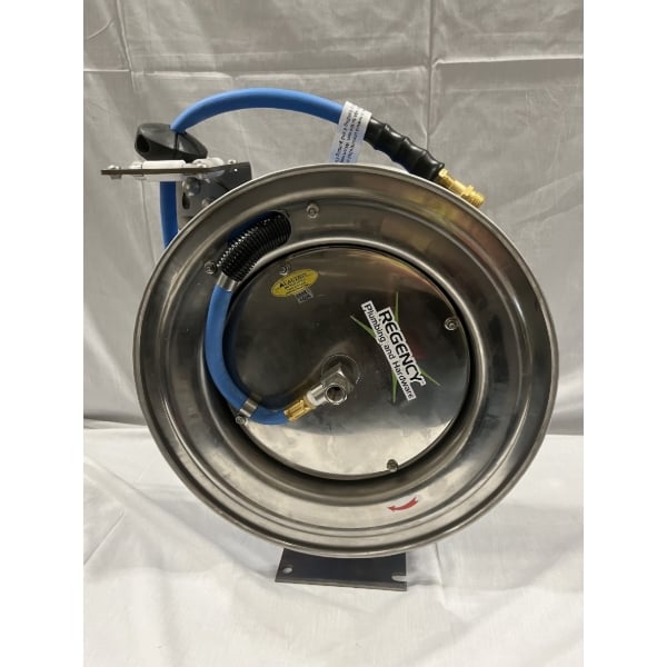 Scratch and Dent Regency Open Stainless Steel Hose Reel with 50' x 3/8" Hose