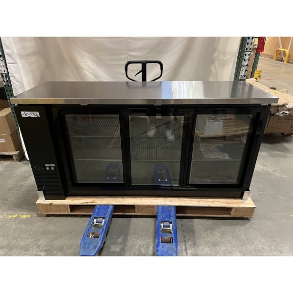 Scratch and Dent Avantco UBB-72S-HC 73" Black Counter Height Narrow Sliding Glass Door Back Bar Refrigerator with LED Lighting