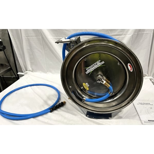 Scratch and Dent Regency Open Stainless Steel Hose Reel with 35' x 3/8" Hose
