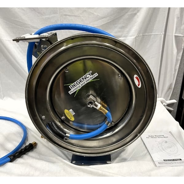 Scratch and Dent Regency Open Stainless Steel Hose Reel with 35' x 3/8" Hose