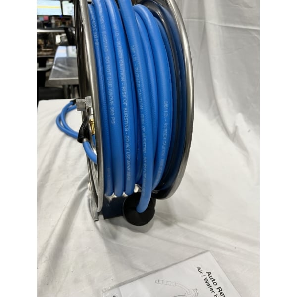 Scratch and Dent Regency Open Stainless Steel Hose Reel with 35' x 3/8" Hose
