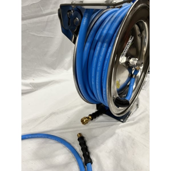 Scratch and Dent Regency Open Stainless Steel Hose Reel with 35' x 3/8" Hose