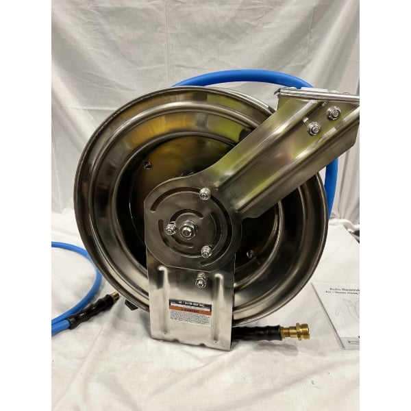 Scratch and Dent Regency Open Stainless Steel Hose Reel with 35' x 3/8" Hose