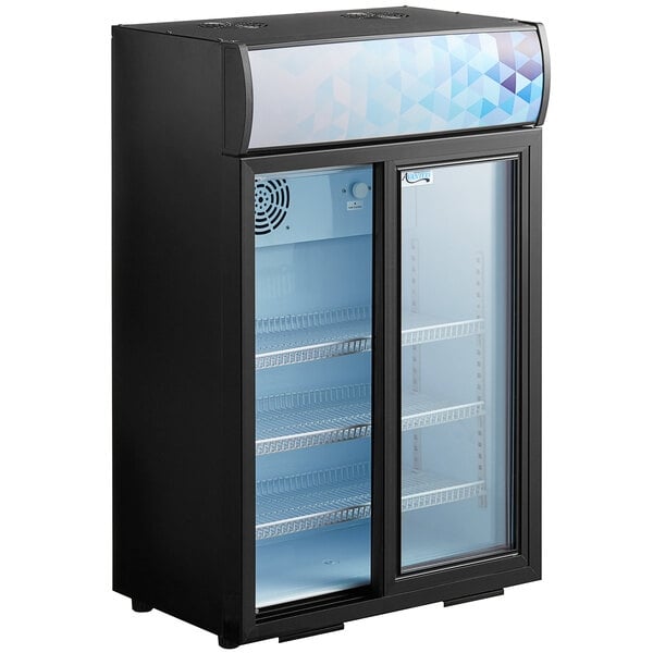 Scratch and Dent Avantco CSM-4-HC Black Customizable Countertop Display Refrigerator with Sliding Door and Merchandising Panel